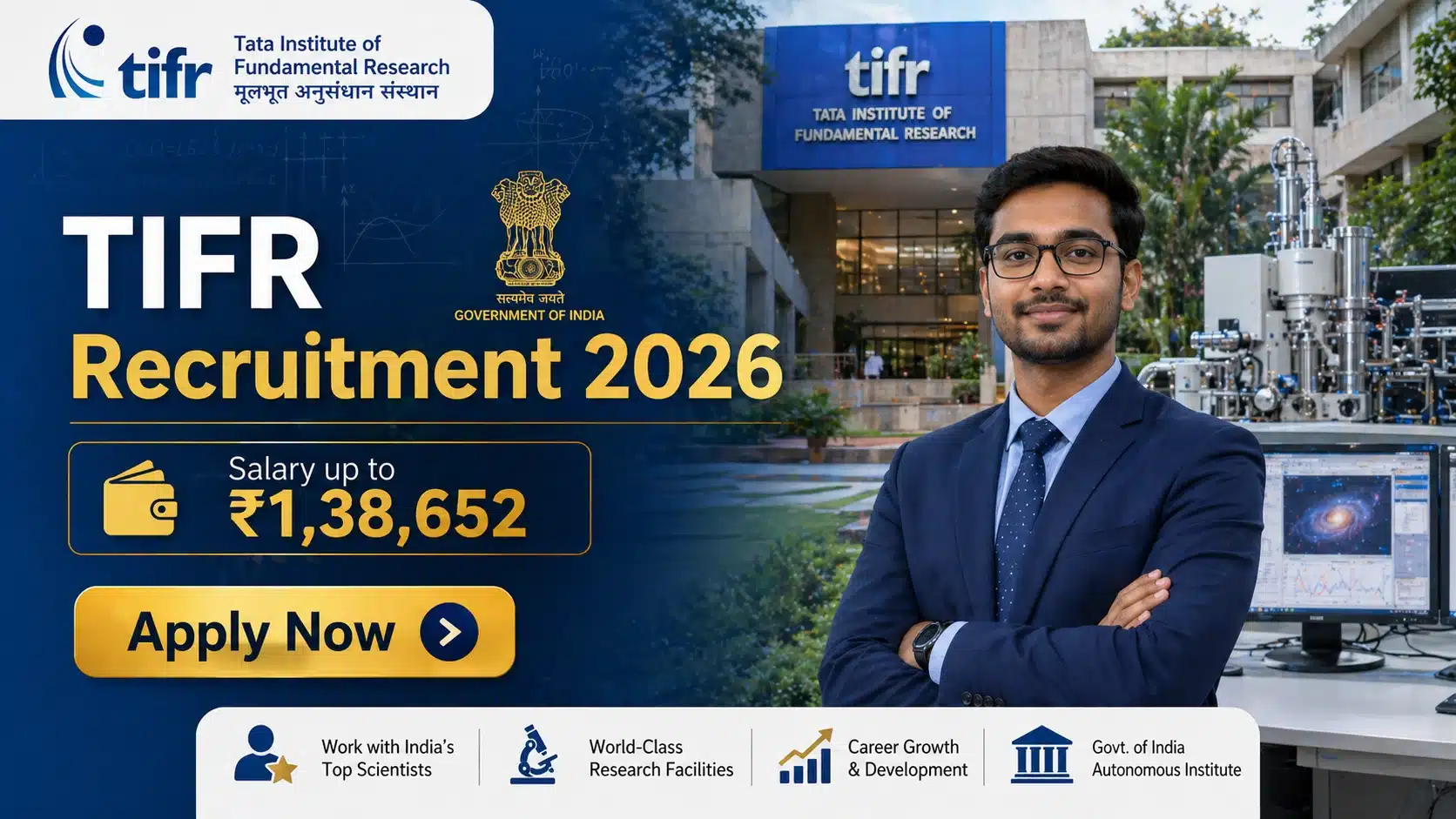 TIFR Recruitment 2026 image showing 11 vacancies across multiple posts with apply online notification and last date details