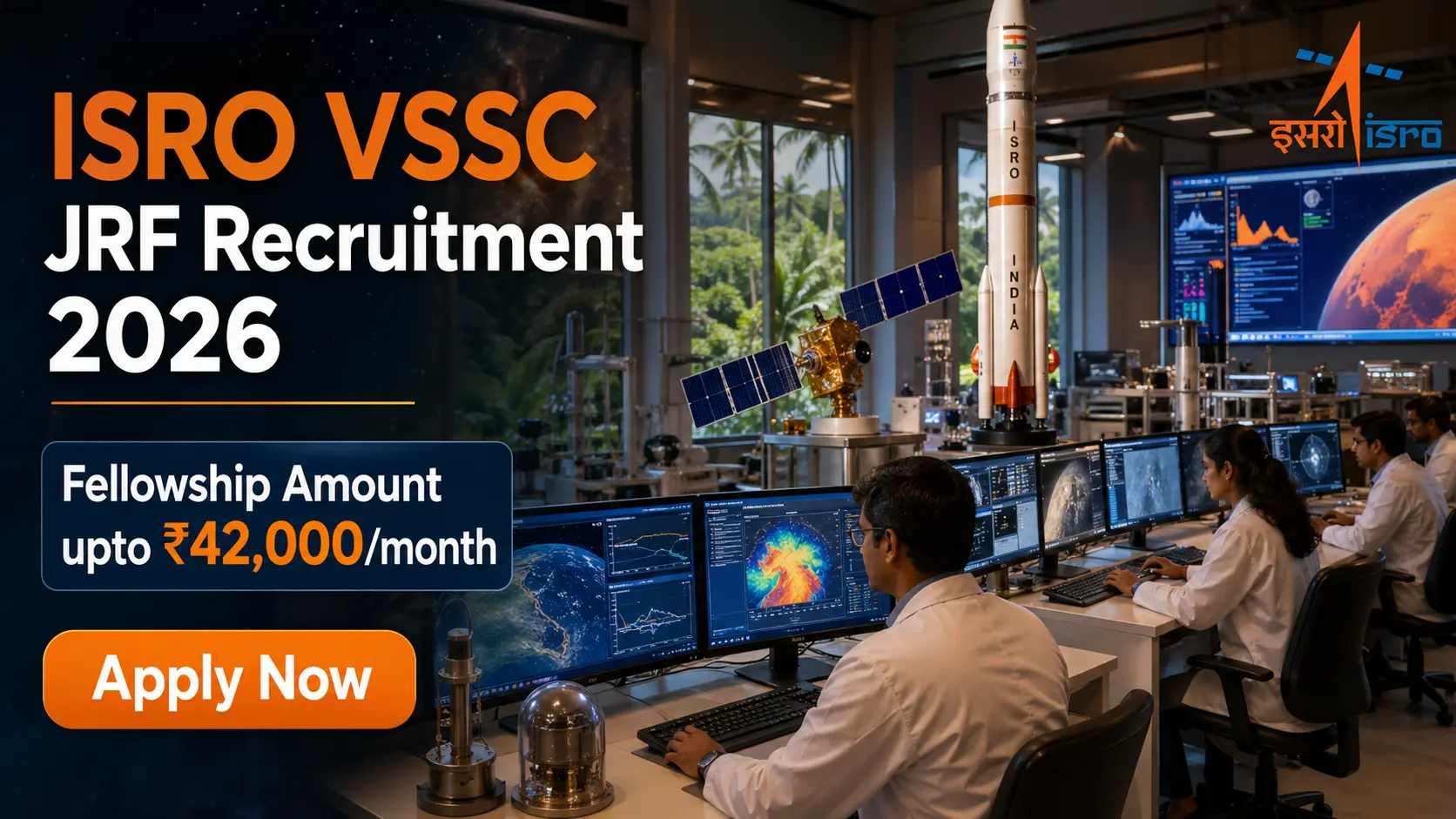 ISRO VSSC Recruitment 2026 image showing 8 Junior Research Fellow vacancies with ₹37,000 salary, no application fee, and apply online deadline 05 May 2026