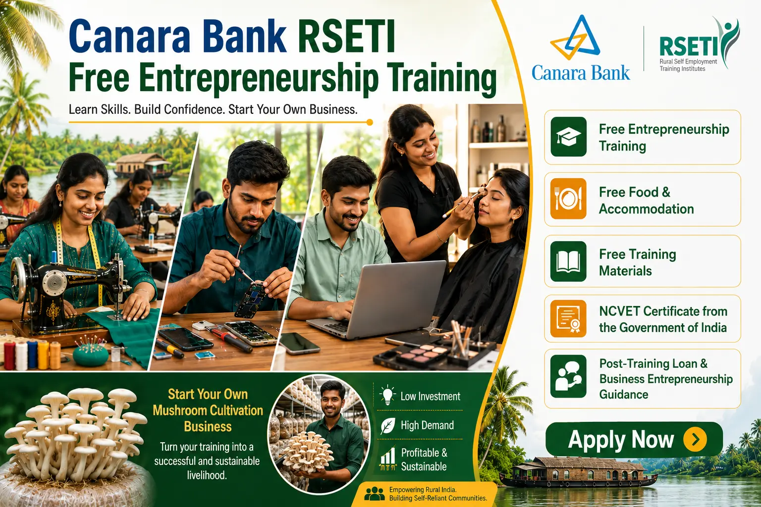 Canara Bank RSETI Kottarakkara Free Job Training and Placement Courses 2026 