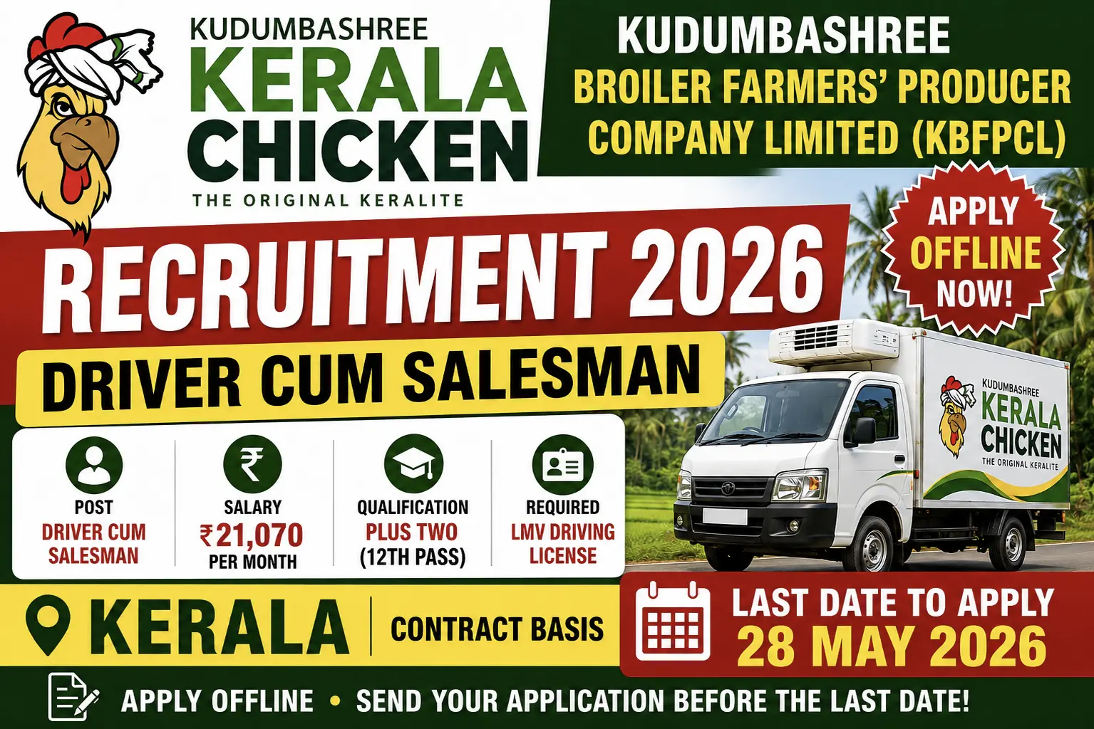 KBFPCL Recruitment 2026 – Kudumbashree Kerala Chicken Driver cum Salesman 1 Vacancy