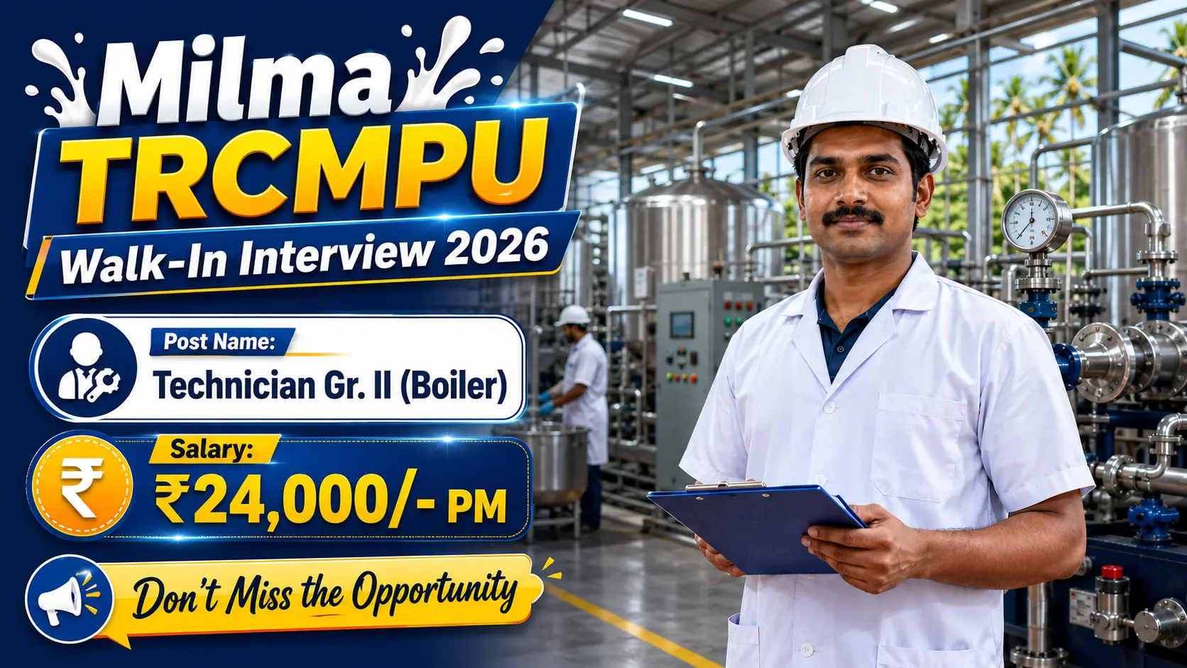Milma TRCMPU Technician Boiler Walk In Interview 2026 – 2 Milma Vacancies Thiruvananthapuram Dairy