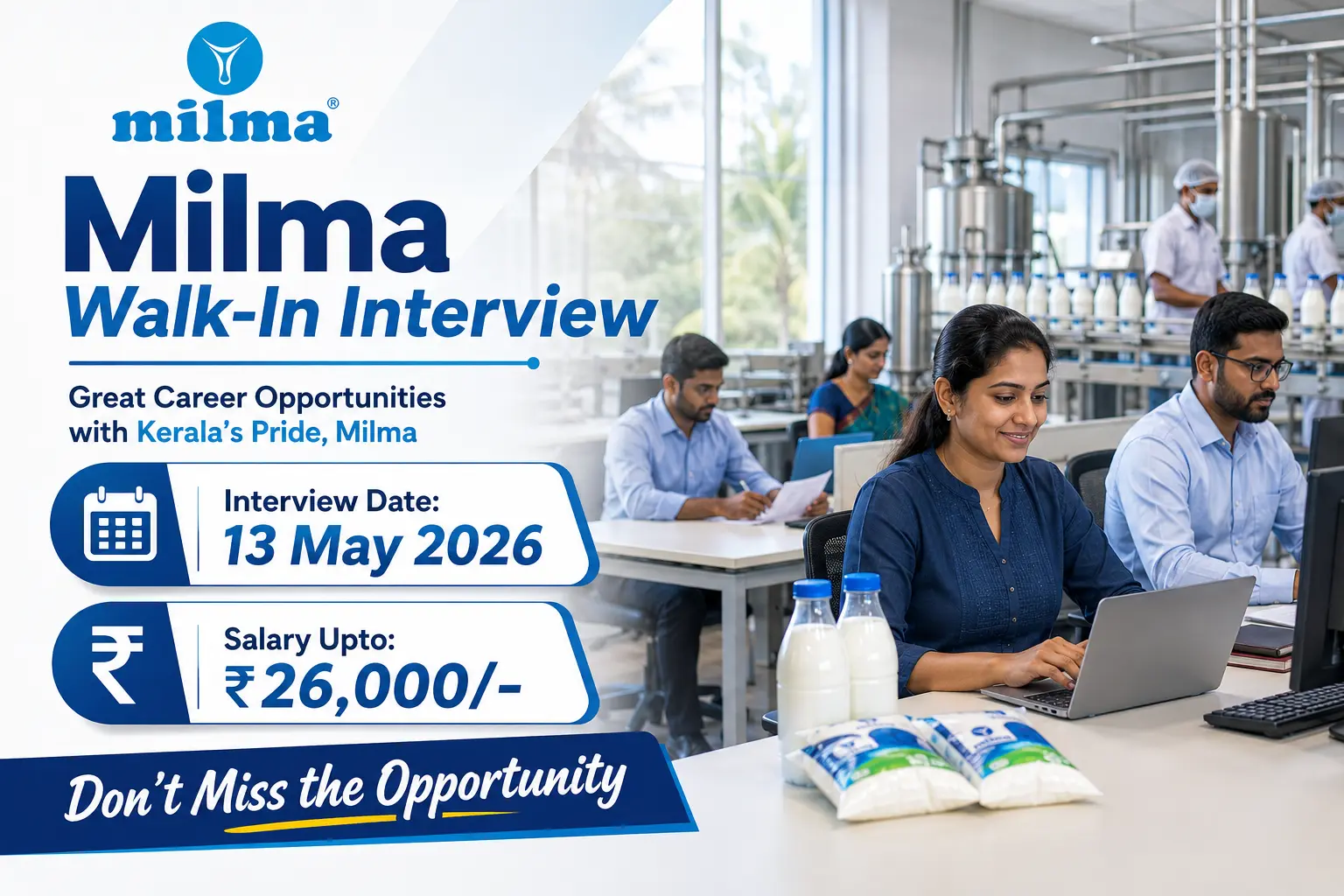 Milma Recruitment 2026 – Kollam Dairy Junior Assistant & Marketing Organizer 4 Vacancies