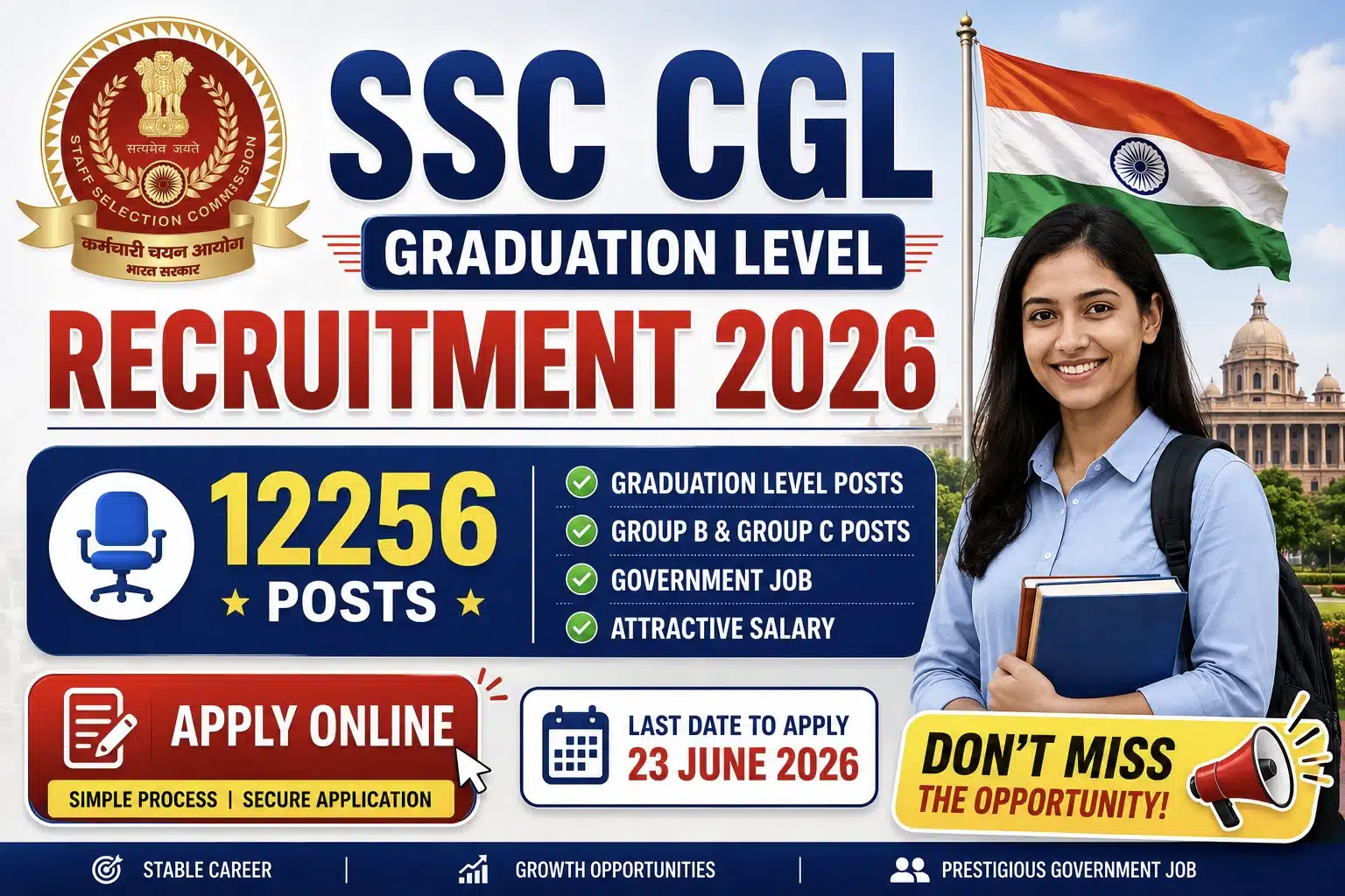 SSC CGL Recruitment 2026 - 12256 Vacancies Group B and C Posts Online Application Open